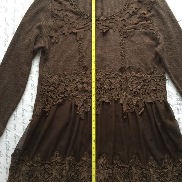 Long Top/Sweater Dress Knit With Lace and Sheer Overlay Chocolate Brown XL - Picture 7 of 14